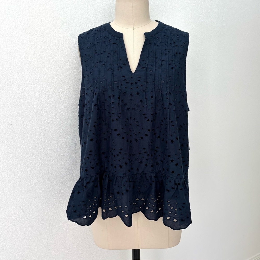 Liverpool Sleeveless Eyelet Top NWT Navy Blue Scalloped Hem Swing Silhouette L - Picture 2 of 10